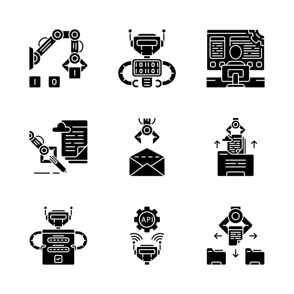 RPA glyph icons set. Robotic process automation benefits. Development and using clerical process automation technology. Automate workflows. Silhouette symbols. Vector isolated illustration