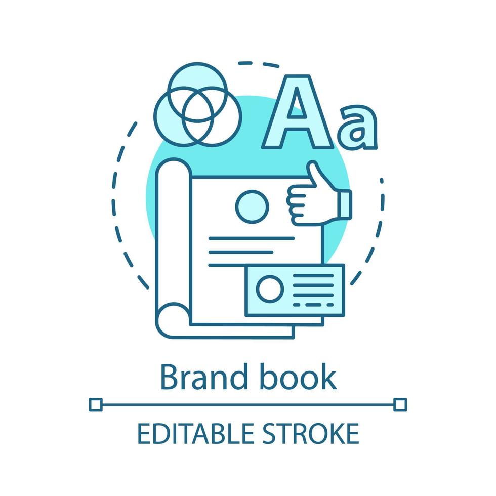 Brand book concept icon. Concepts, attributes, target audience description. Brand management idea thin line illustration. Official company document. Vector isolated outline drawing. Editable stroke