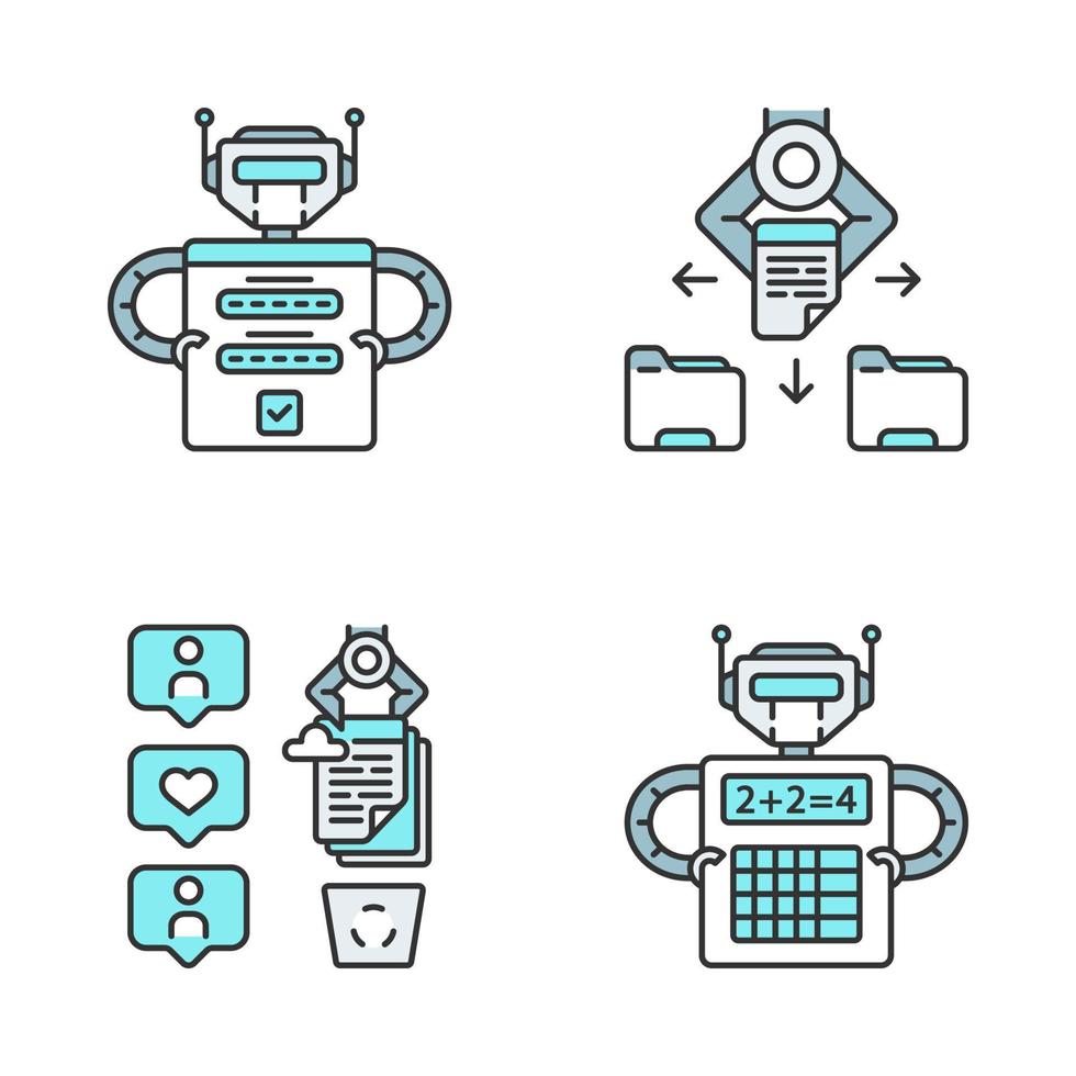 conjunto de iconos de colores rpa. Beneficios de la automatización de procesos robóticos. inicio de sesión, archivos y carpetas, raspado de datos sm, cálculo. trabajadores de inteligencia artificial. ilustraciones vectoriales aisladas vector