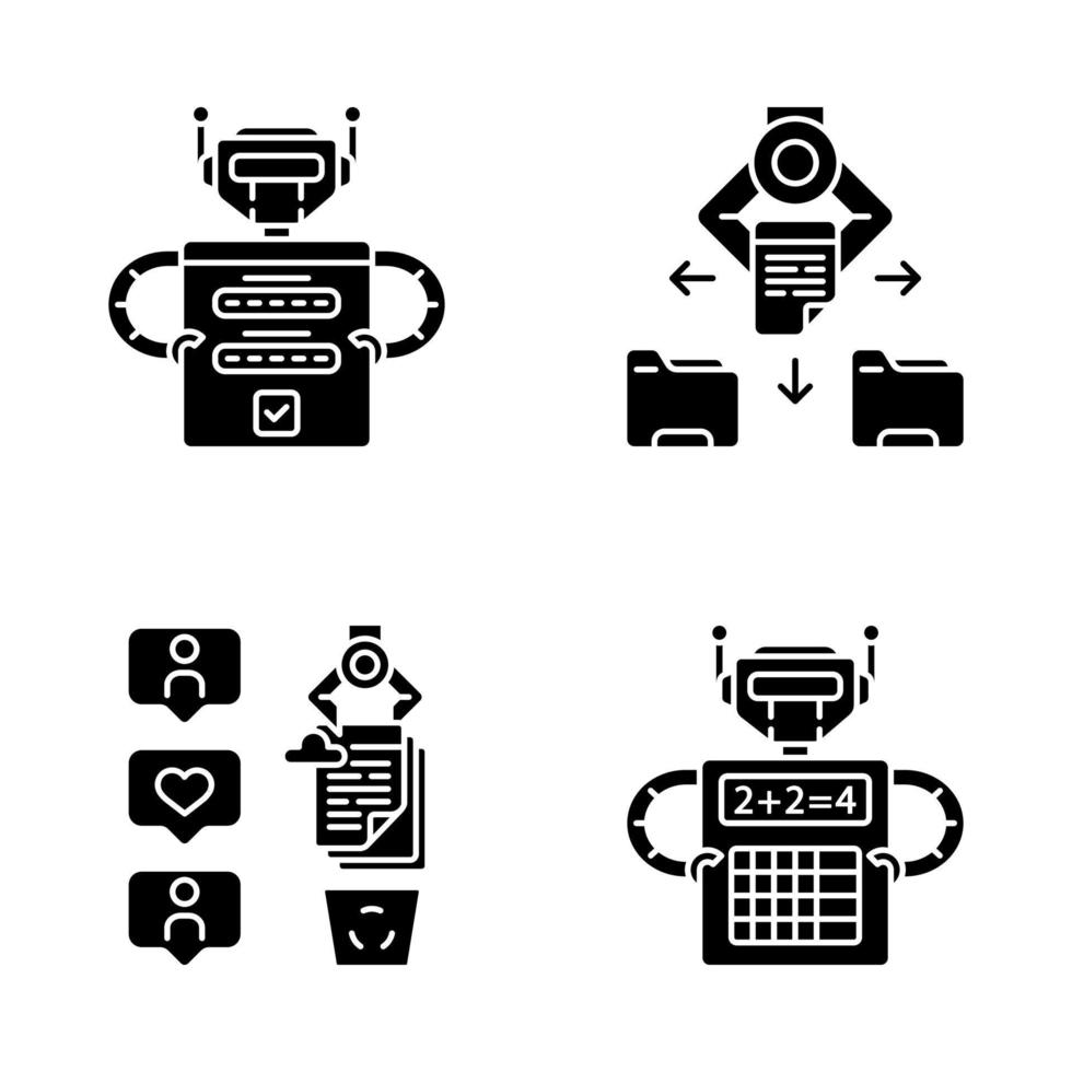 Conjunto de iconos de glifo de rpa. Beneficios de la automatización de procesos robóticos. inicio de sesión, archivos y carpetas, raspado de datos sm, cálculo. trabajadores de inteligencia artificial. símbolos de silueta. vector ilustración aislada