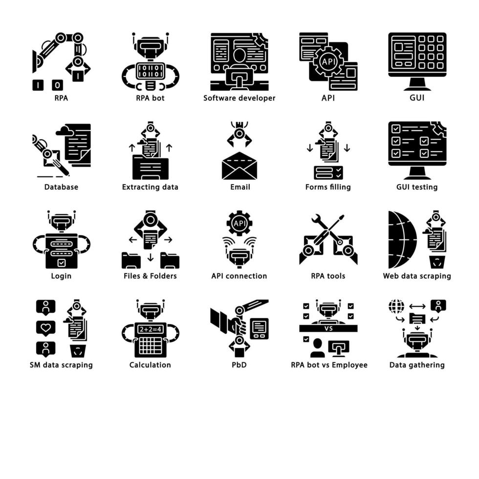 Conjunto de iconos de glifo de rpa. Automatización robótica de procesos. Automatización de procesos administrativos. robots de software. trabajadores de inteligencia artificial. automatizar los flujos de trabajo. símbolos de silueta. vector ilustración aislada