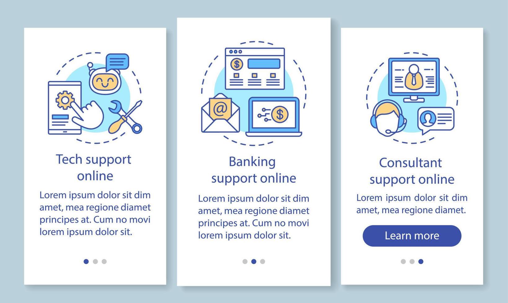 Customer support online onboarding mobile app page screen with linear concepts. Tech, banking, consultant support walkthrough steps graphic instructions. UX, UI, GUI vector template with illustrations