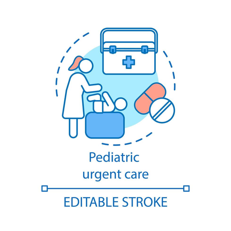 Pediatric urgent care concept icon. Child ambulance. First aid. Kid healthcare service. Round the clock medical assistance idea thin line illustration. Vector isolated outline drawing. Editable stroke