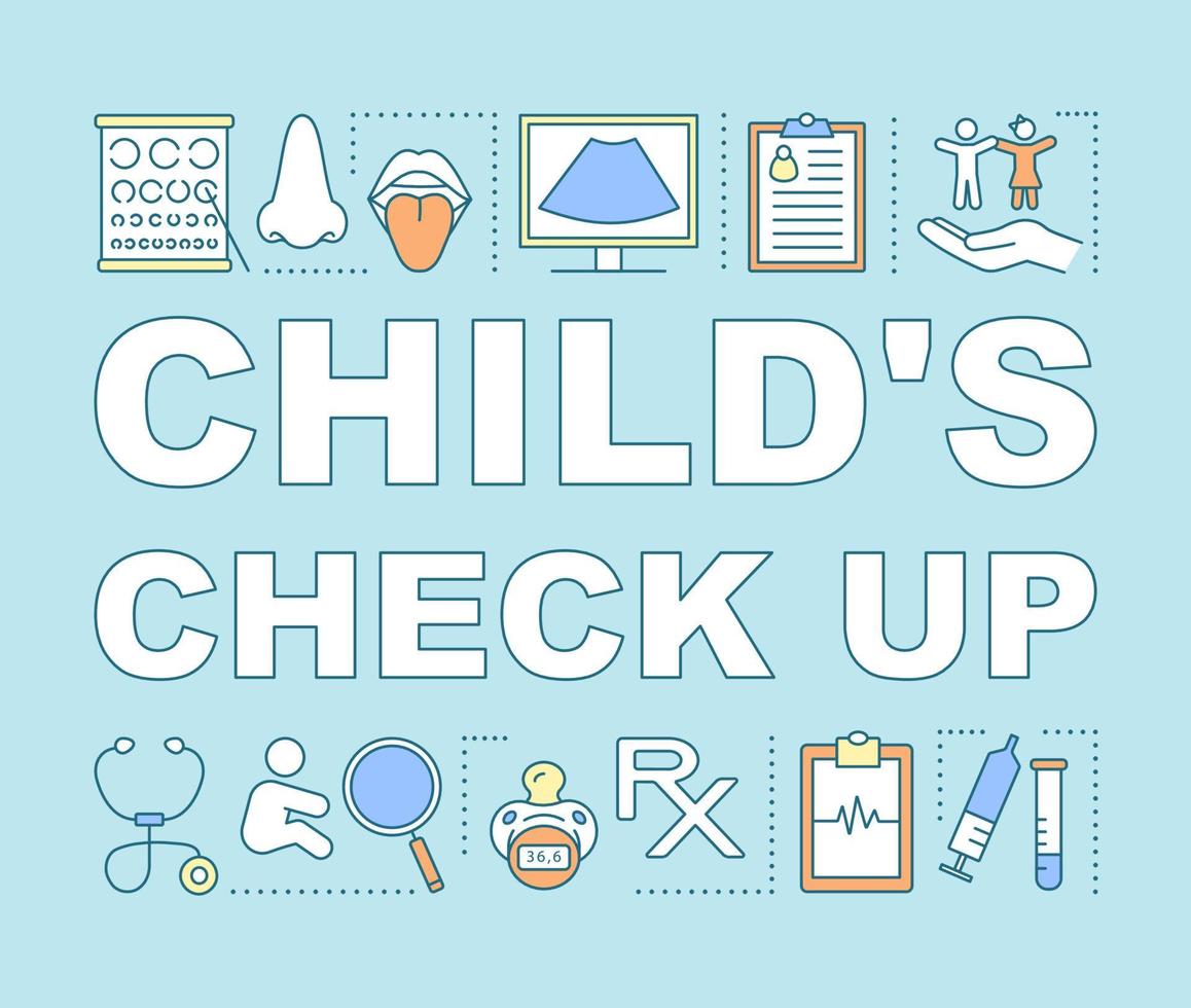 Children check up word concepts banner. Scheduled medical inspection. Pediatric examination. Presentation, website. Isolated lettering typography idea with linear icons. Vector outline illustration