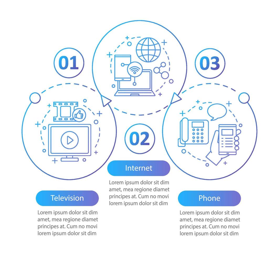 TV, internet, plantilla de infografía de vector de paquete de teléfono. proveedores de servicios de comunicación planes tarifarios. visualización de datos con tres pasos, opciones. gráfico de la línea de tiempo del proceso. diseño de flujo de trabajo con iconos