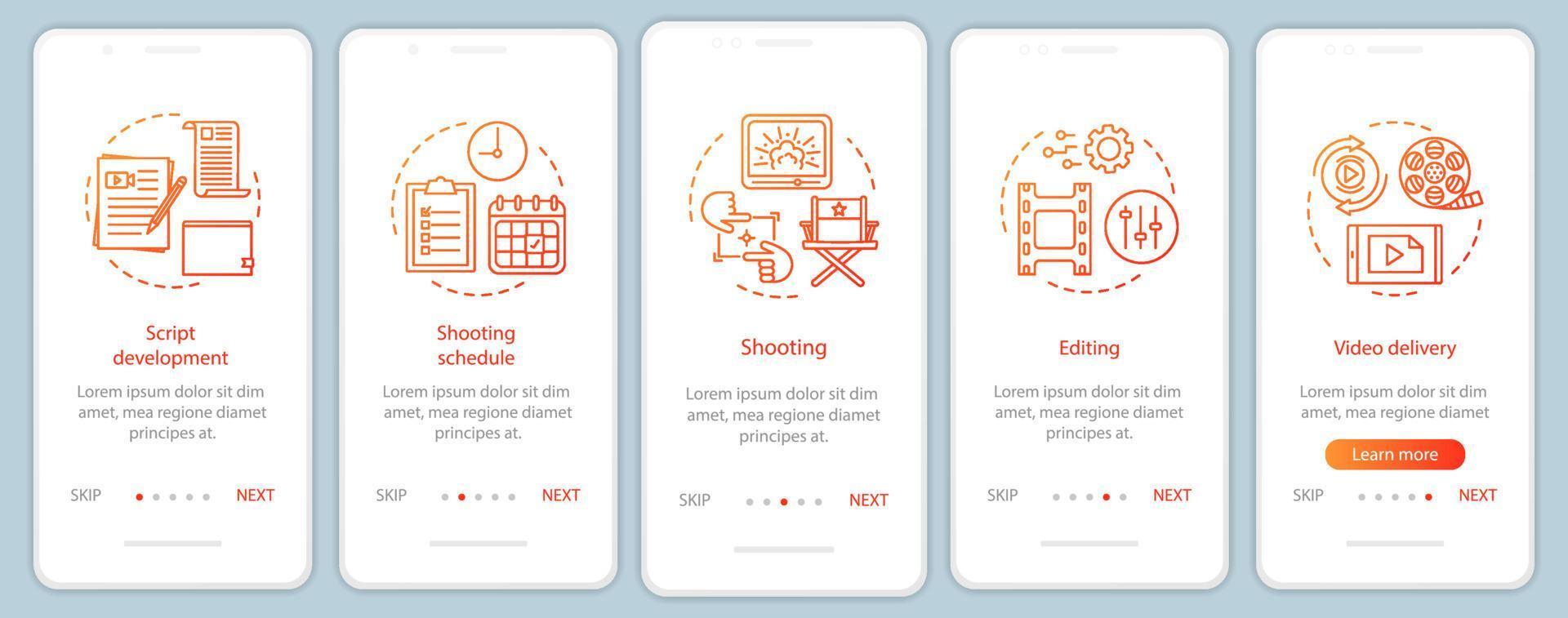 plantilla de vector de pantalla de página de aplicación móvil de incorporación de producción de video. proceso de realización de películas. industria del cine. paso a paso del sitio web con ilustraciones lineales. concepto de interfaz de teléfono inteligente ux, ui, gui