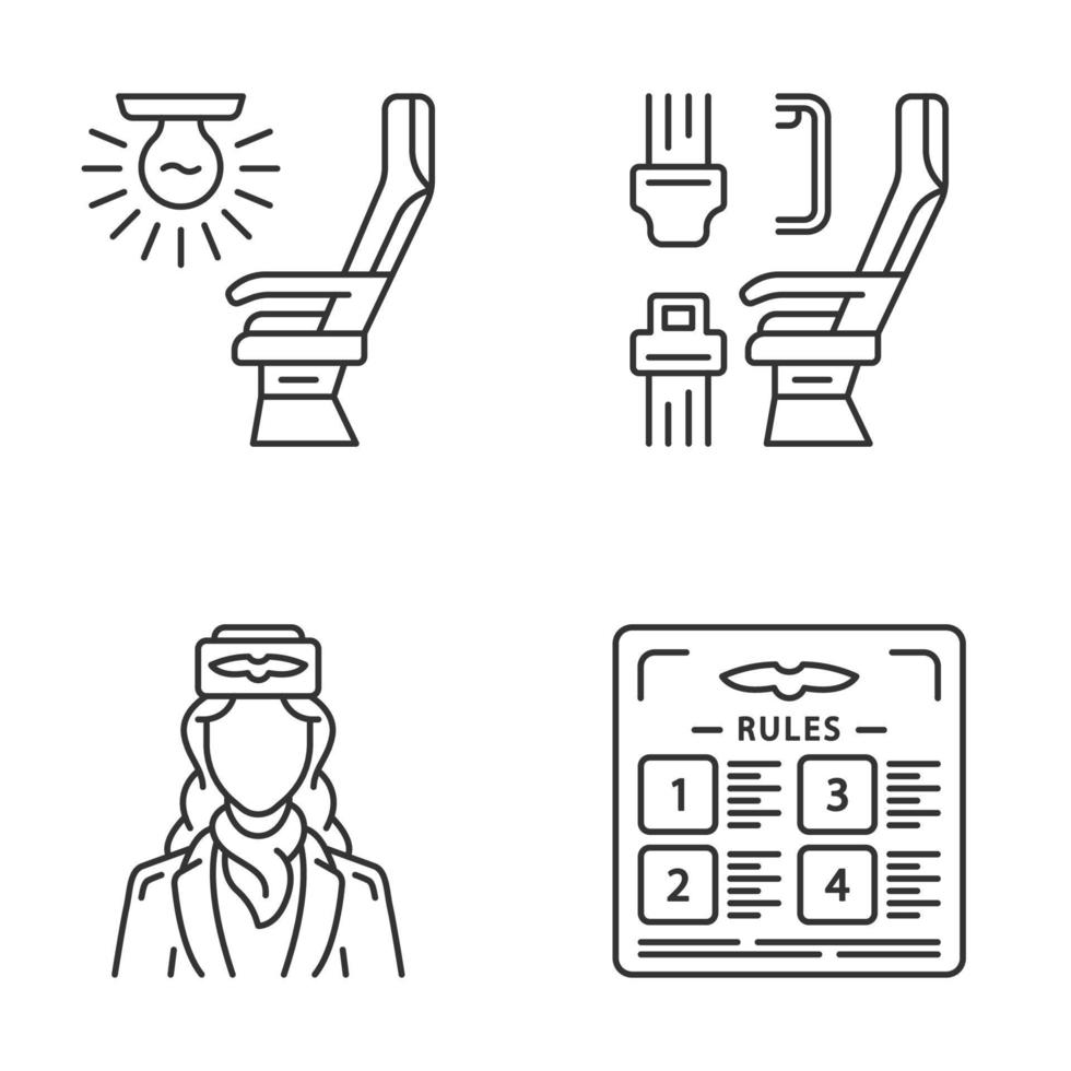 Aviation services linear icons set. Flight rules, seat light, airplane comfortable seating, stewardess. Jet safeness. Thin line contour symbols. Isolated vector outline illustrations. Editable stroke