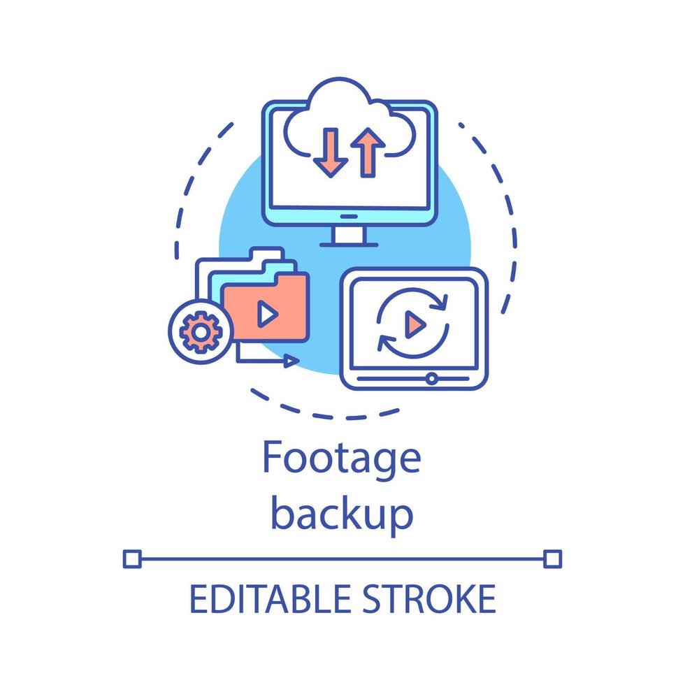 icono de concepto de copia de seguridad de metraje. Ilustración de línea fina de idea de almacenamiento de datos. software de copia de seguridad de medios. copia de archivos de video, sincronización. archivo de metraje. dibujo de contorno aislado vectorial. trazo editable vector