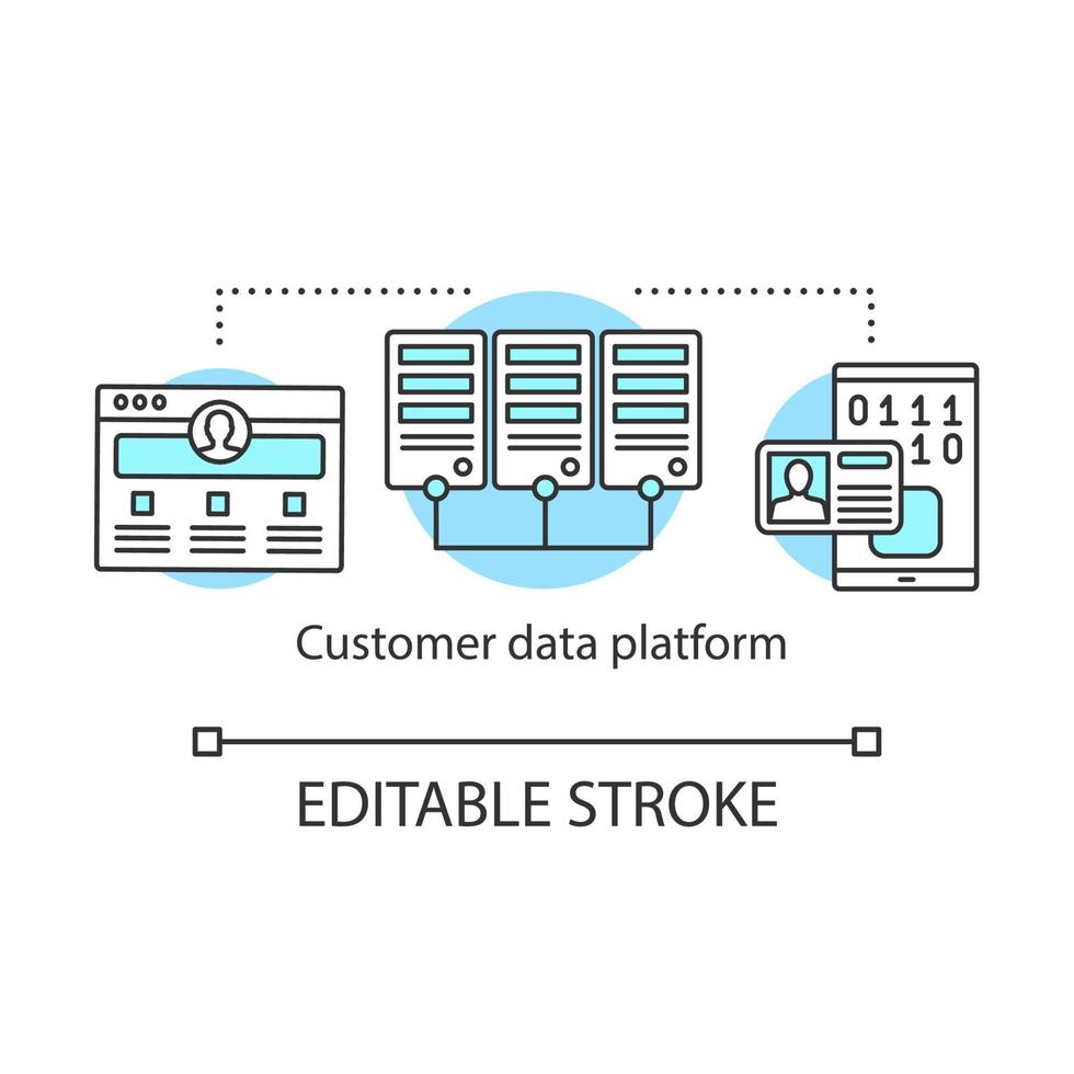 Customer data platform concept icon. CDP system idea thin line illustration. CRM software. Marketing technologies. Client identity. Vector isolated outline drawing. Editable stroke