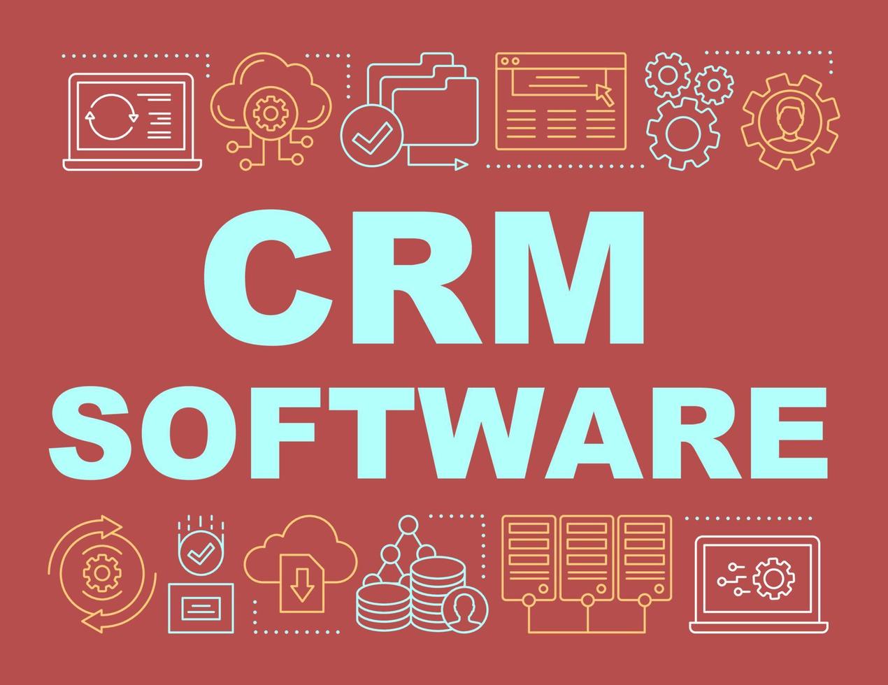 CRM software word concepts banner. Computer program. Presentation, website. Client identity, database. Business management. Isolated lettering typography idea with linear icons. Vector illustration