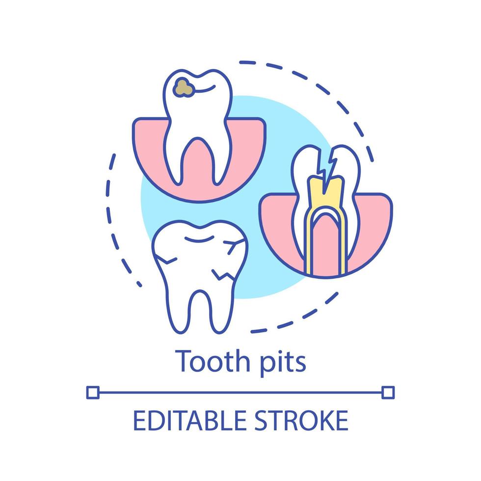 Tooth pits concept icon. Enamel destruction, caries. General dental diseases. Oral troubles. Tooth decay and cavities idea thin line illustration. Vector isolated outline drawing. Editable stroke