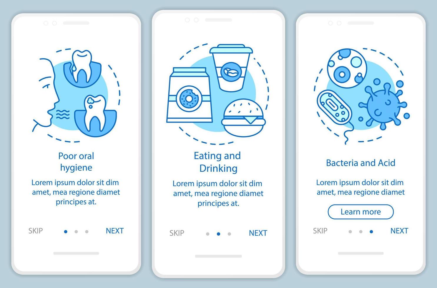 causas de enfermedades dentales, incorporación de la pantalla de la página de la aplicación móvil con conceptos lineales. por qué se destruyen los dientes paso a paso instrucciones gráficas. ux, ui, plantilla de vector de interfaz gráfica de usuario con ilustraciones