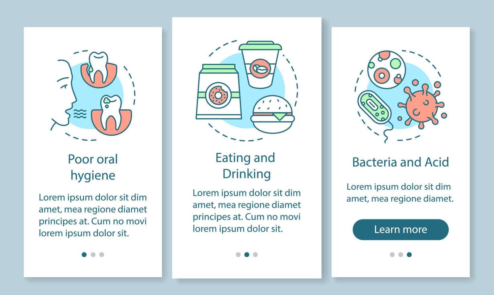 Las enfermedades dentales provocan la incorporación de la pantalla de la página de la aplicación móvil con conceptos lineales. estilo de vida poco saludable. instrucciones gráficas de pasos de tutorial de mala higiene. ux, ui, plantilla de vector de interfaz gráfica de usuario con ilustraciones