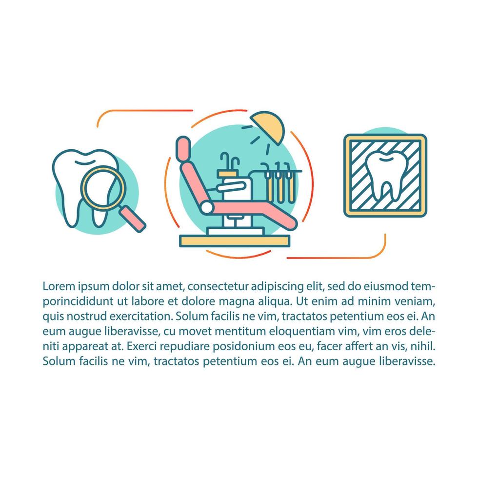 Plantilla de vector de página de artículo de detección dental. examen dental. folleto, revista, elemento de diseño de folleto con iconos lineales y cuadros de texto. diseño de impresión. ilustraciones de concepto con espacio de texto