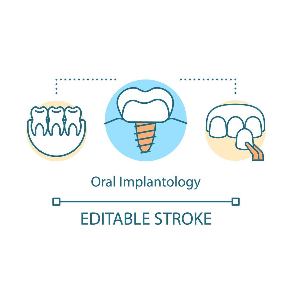 icono del concepto de implantología oral. implante dental. restauración de dientes perdidos. servicios estomatológicos idea ilustración de línea fina. dibujo de contorno aislado vectorial. trazo editable vector