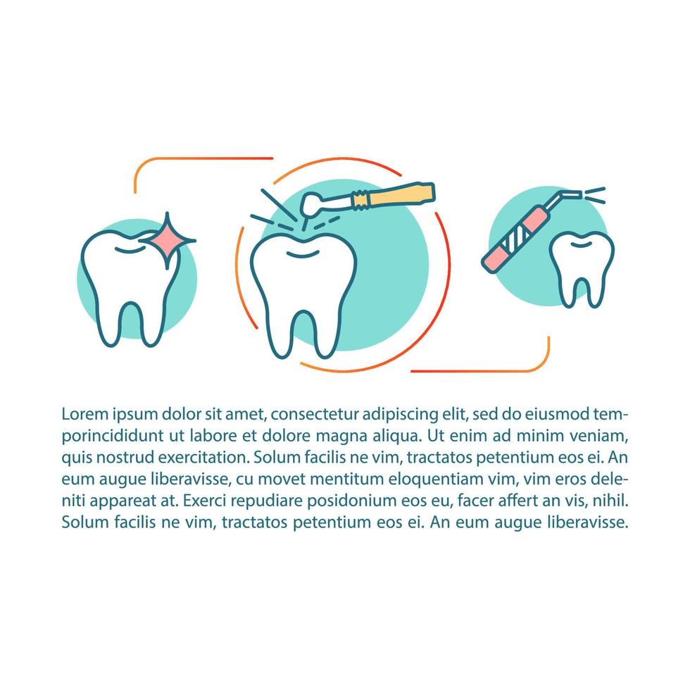 Plantilla de vector de página de artículo de odontología cosmética. blanqueamiento dental. folleto, revista, elemento de diseño de folleto con iconos lineales y cuadros de texto. diseño de impresión. ilustraciones de concepto con espacio de texto