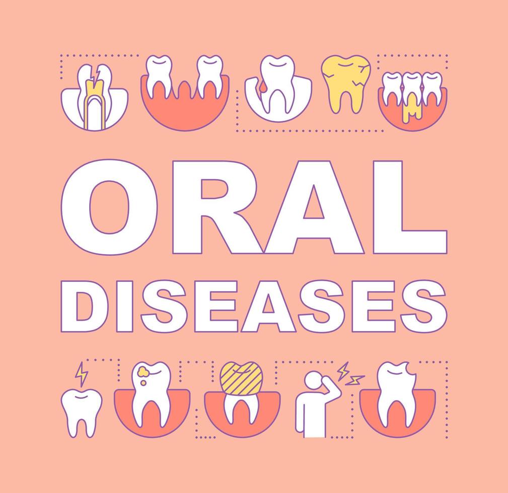Oral diseases word concepts banner. Caries and mechanical damage. Tooth decay and cavities. Presentation, website. Isolated lettering typography idea with linear icons. Vector outline illustration