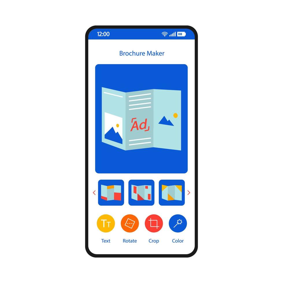 Brochure maker smartphone interface template. Online pamphlets creator mobile page layout. Ads leaflets, flyers design screen. Tri fold brochure making website, application flat UI. Phone display vector