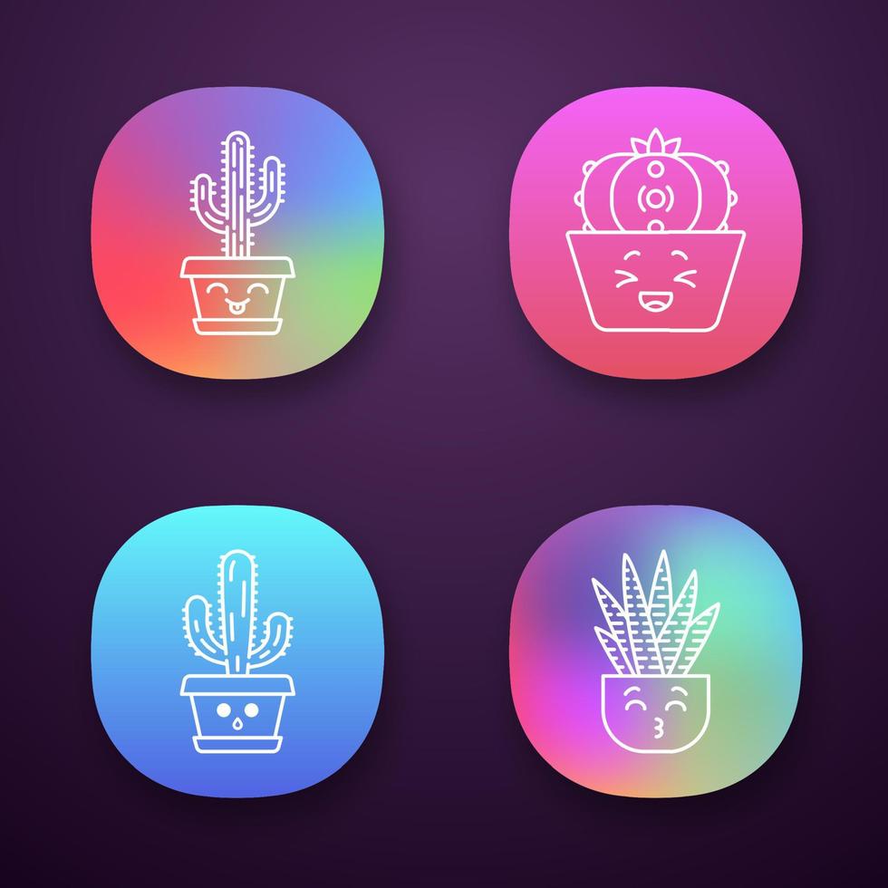 Cactuses app icons set. Laughing Saguaro and peyote cactuses. Kissing zebra home cacti. Hushed elephant cactus. UI UX user interface. Web or mobile applications. Vector isolated illustrations
