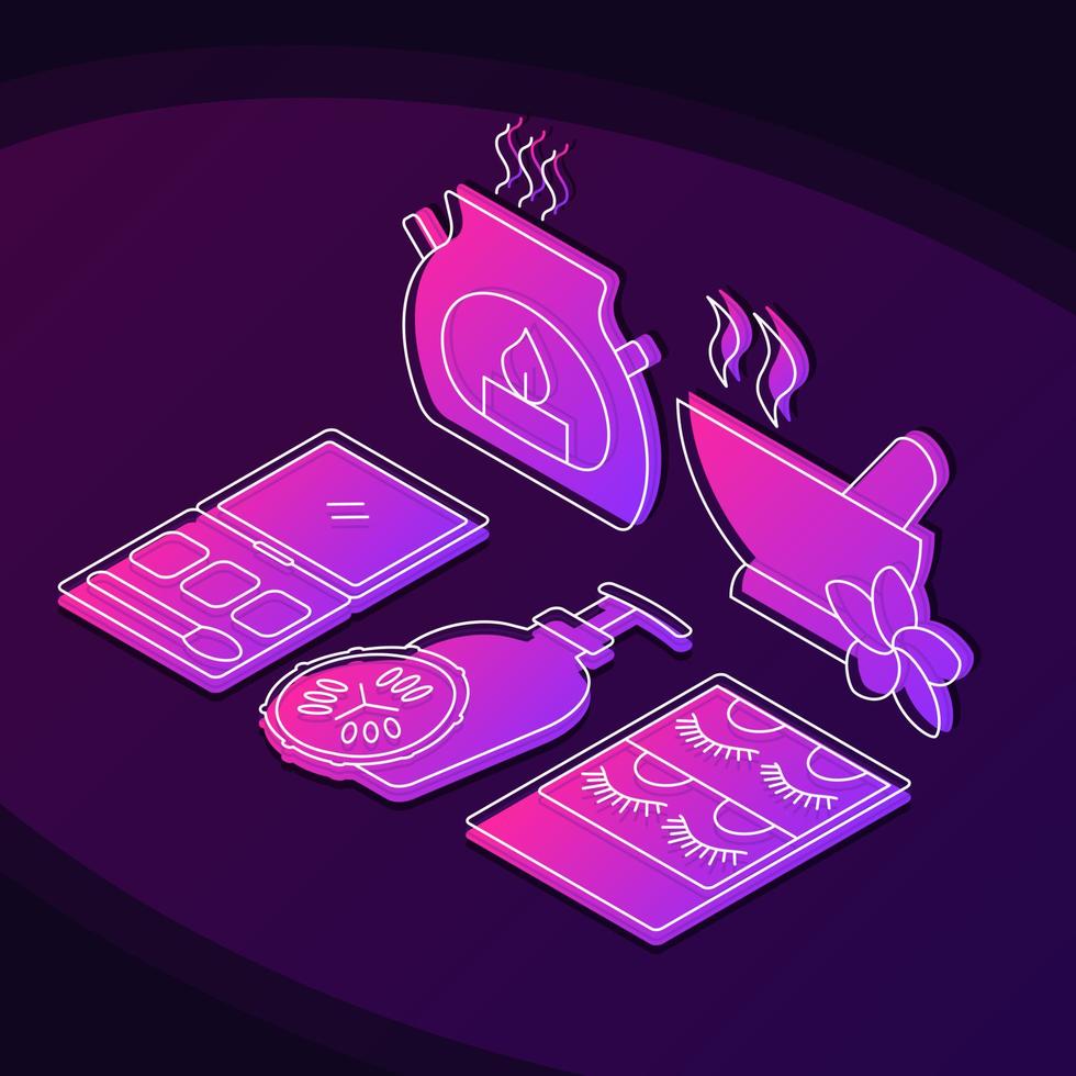 Spa salon isometric color gradient vector illustration. Beauty industry linear icons infographic. Aromatherapy, makeup cosmetics 3d concept. Body, skincare products isolated design elements