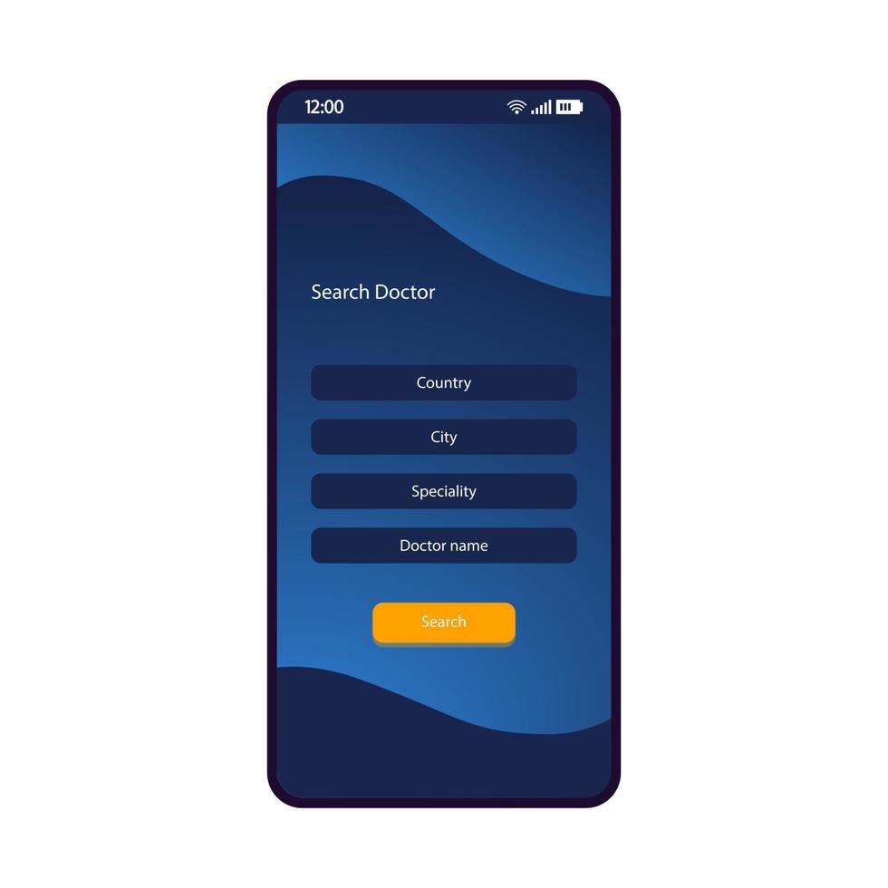 Search doctor smartphone interface vector template. Mobile app page blue design layout. Doctor finder screen. Flat UI for application. Medical appointment booking. Online consultation. Phone display