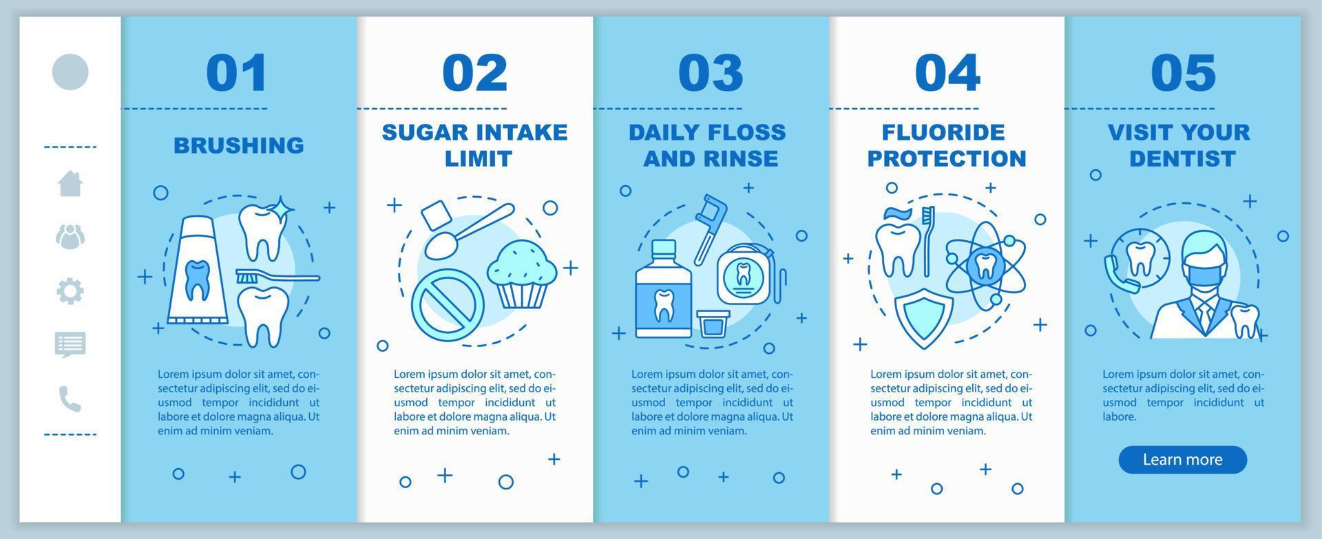 Oral hygiene routine onboarding mobile web pages vector template. Teeth care. Responsive smartphone website interface idea with linear illustrations. Webpage walkthrough step screens. Color concept