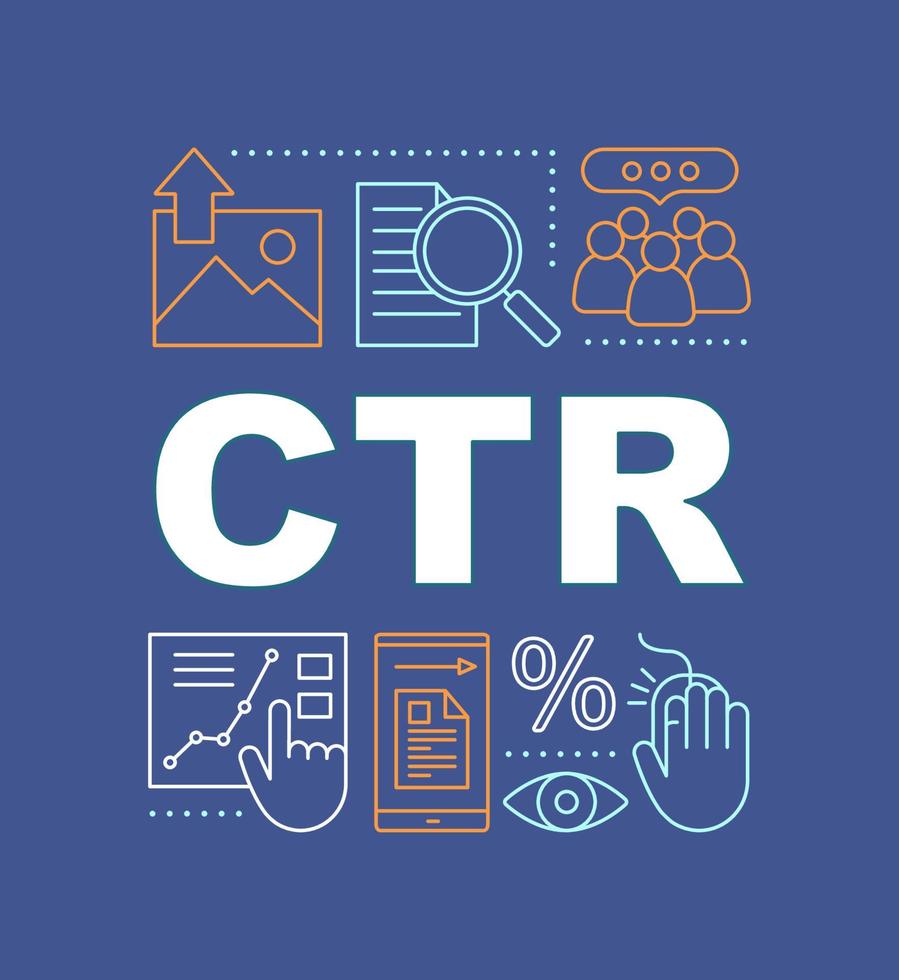 CTR word concepts banner. Click-through rate. Website traffic. Presentation. Isolated lettering typography idea with linear icons. Conversion rate. SMM metrics and tools. Vector outline illustration