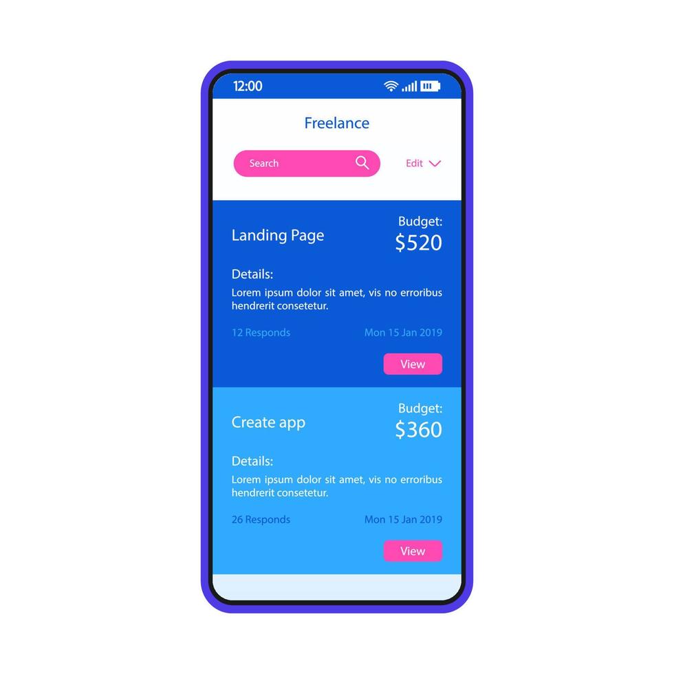 Freelance services smartphone interface vector template. Mobile page blue design layout. Website development, app creation orders screen. Flat UI for application. Online employment. Phone display