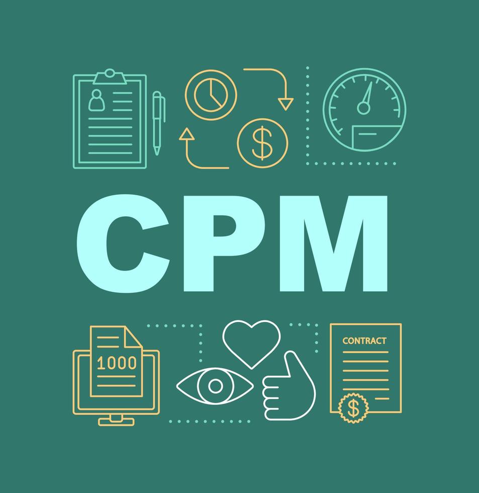 Banner de conceptos de palabra cpm. paga por mil visitas, impresiones. idea de tipografía de letras aisladas con iconos lineales. smm. marketing de medios sociales. campaña publicitaria. ilustración de contorno vectorial vector