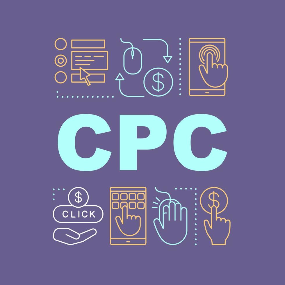 CPC word concepts banner. Presentation. Cost per conversion. Lead generation. Isolated lettering typography idea with linear icons. Advertising campaign. Digital marketing. Vector outline illustration