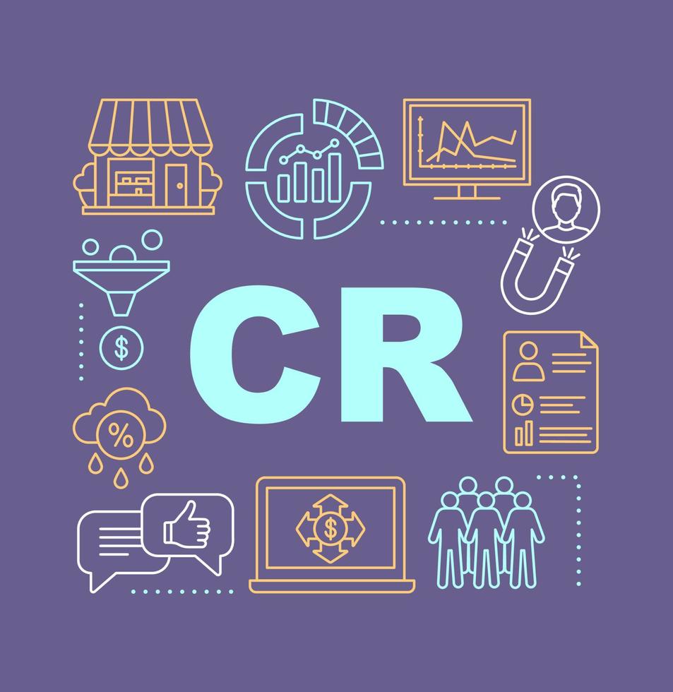 CR word concepts banner. Conversion rate. Website metrics. Customer attraction. Presentation. Isolated lettering typography idea with linear icons. Promotion. Sales growth. Vector outline illustration