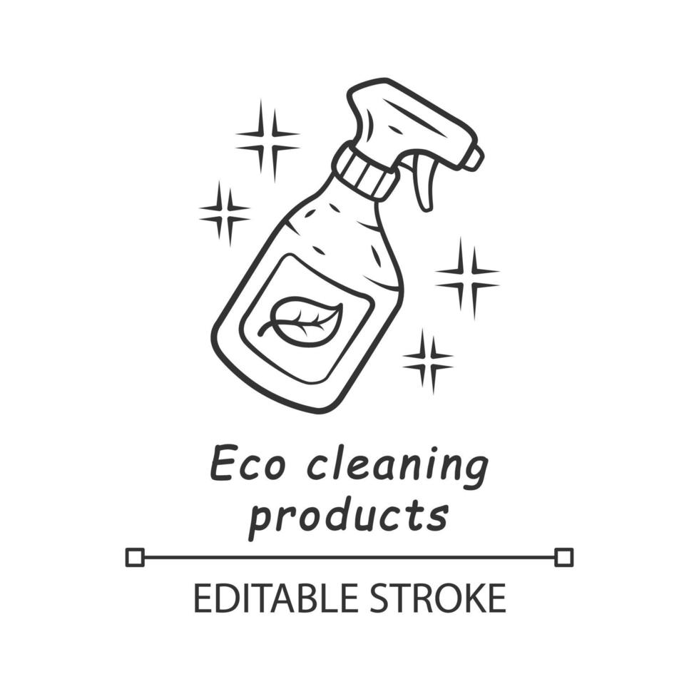 Eco cleaning products linear icon. Chemicals free spray bottle. Organic, eco friendly cleaning product. Thin line illustration. Contour symbol. Vector isolated outline drawing. Editable stroke