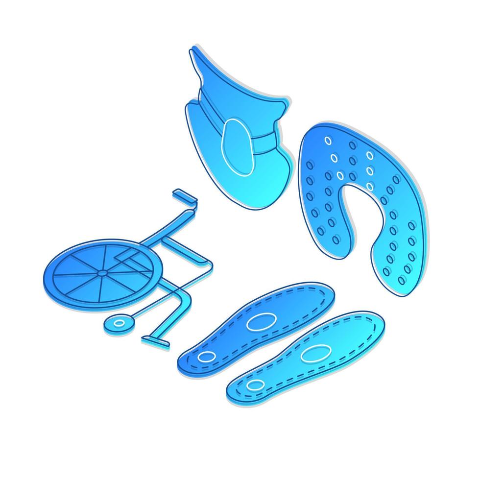 Ilustración de vector de gradiente isométrico de tratamiento de trauma. infografía de iconos lineales de equipos ortopédicos. almohada para el cuello, silla de ruedas, collarín cervical. ayuda a la movilidad, rehabilitación de lesiones concepto 3d