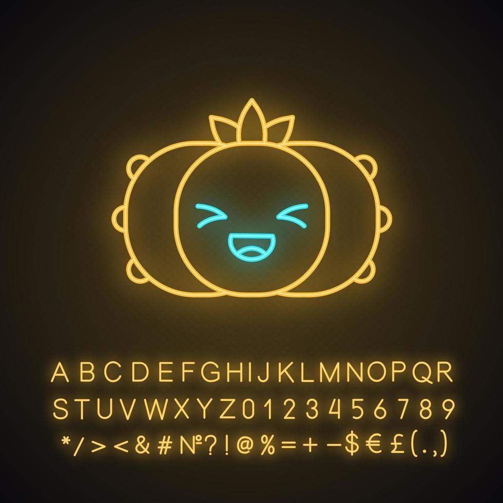 Peyote cactus cute kawaii neon light character. Cactus with laughing face. Lophophora. Happy plant. Funny emoji, emoticon. Glowing icon with alphabet, numbers, symbols. Vector isolated illustration