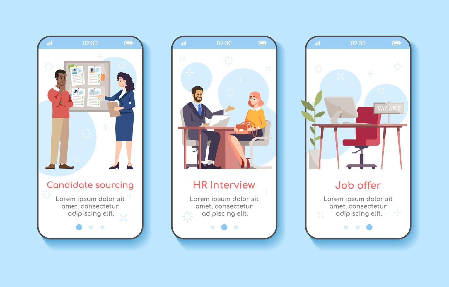 Employment service onboarding mobile app screen vector template. Candidate sourcing, HR interview, job offer. Walkthrough website steps with flat characters. UX, UI, GUI smartphone cartoon interface