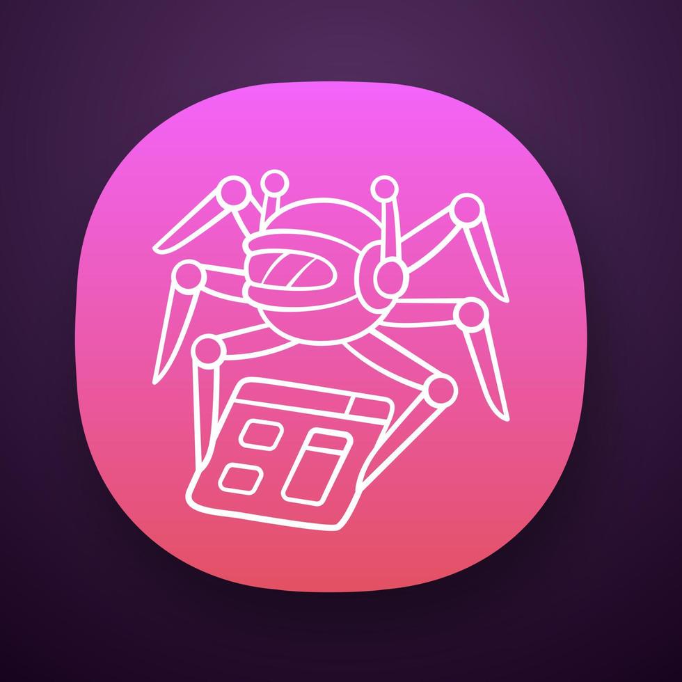 Crawler app icon. Spiderbot. Search engine optimization. Automatic indexer. Content monitoring. Artificial intelligence. UI UX user interface. Web or mobile application. Vector isolated illustration