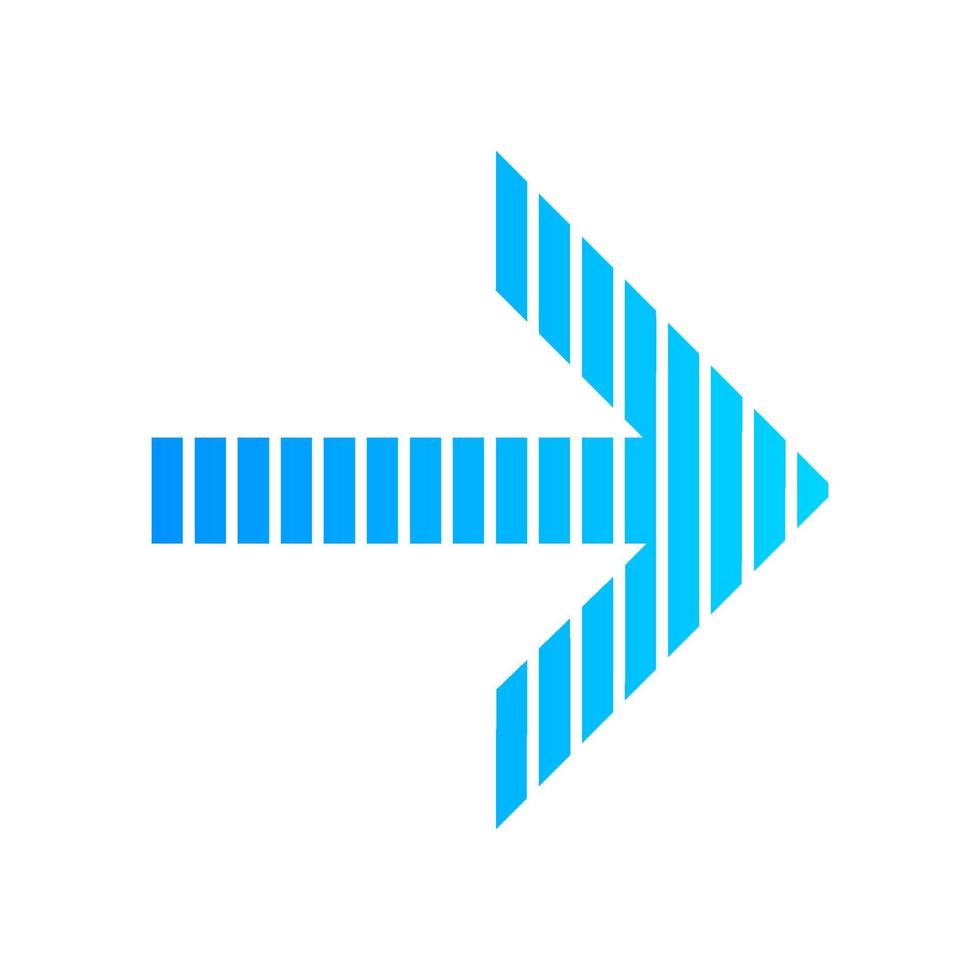 Striped blue arrow flat design long shadow color icon. Arrowhead indicating rightward. Direction pointer. Navigation indicator sign. Cursor symbol. Orientation arrow. Vector silhouette illustration