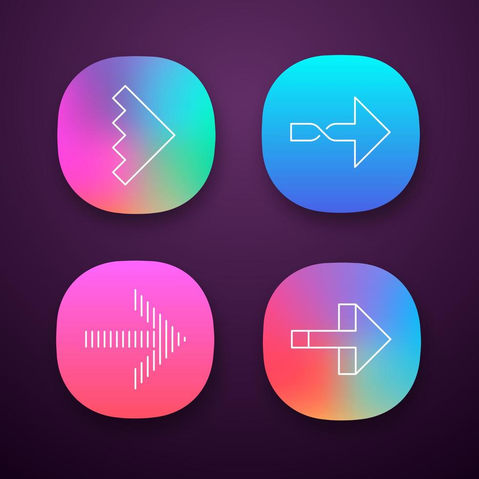 Rightward arrows app icons set. Twisted, notched next, forward arrows. Navigation pointer sign. Pointing symbol. UI UX user interface. Web or mobile applications. Vector isolated illustrations