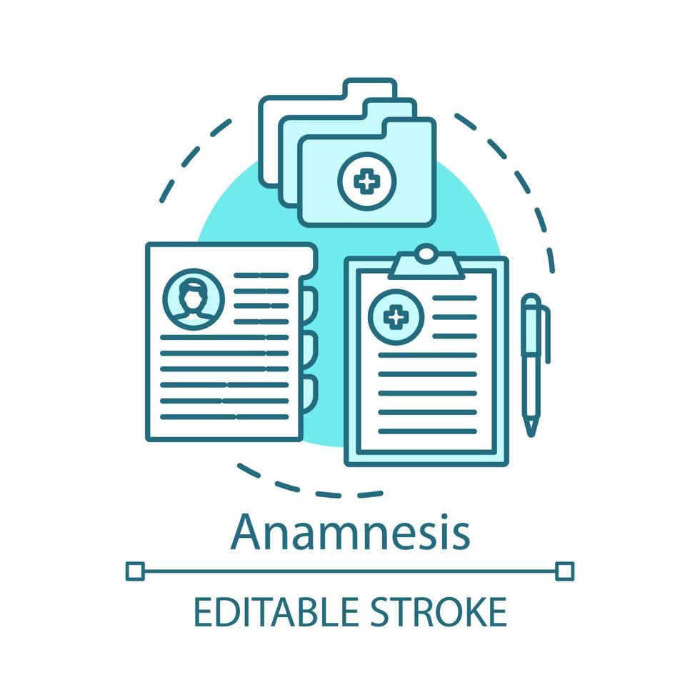 Patient anamnesis concept icon. Clinical service idea thin line illustration. Therapy. Case history, tests, medical recipes. Healthcare database. Vector isolated outline drawing. Editable stroke