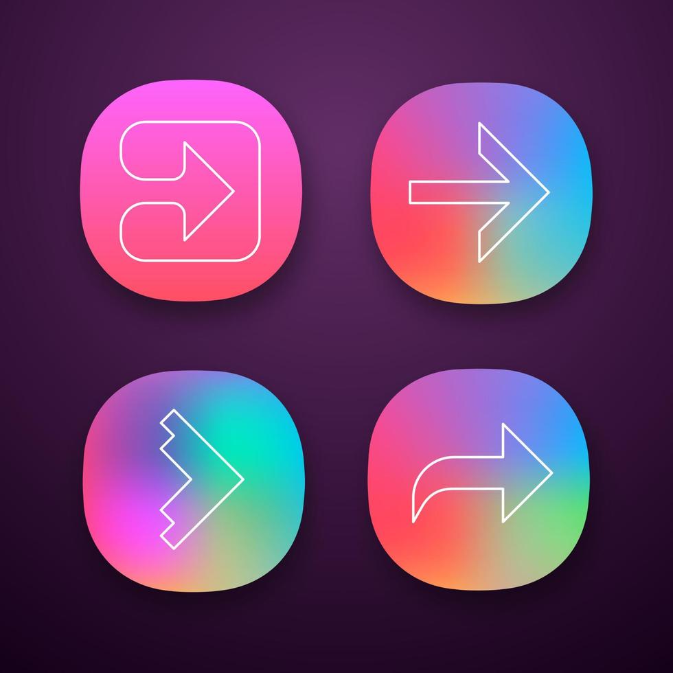 Arrow types app icons set. Forward, right, curved and geometric arrows. Motion indexer, indicator. Next arrow. UI UX user interface. Web or mobile applications. Vector isolated illustrations