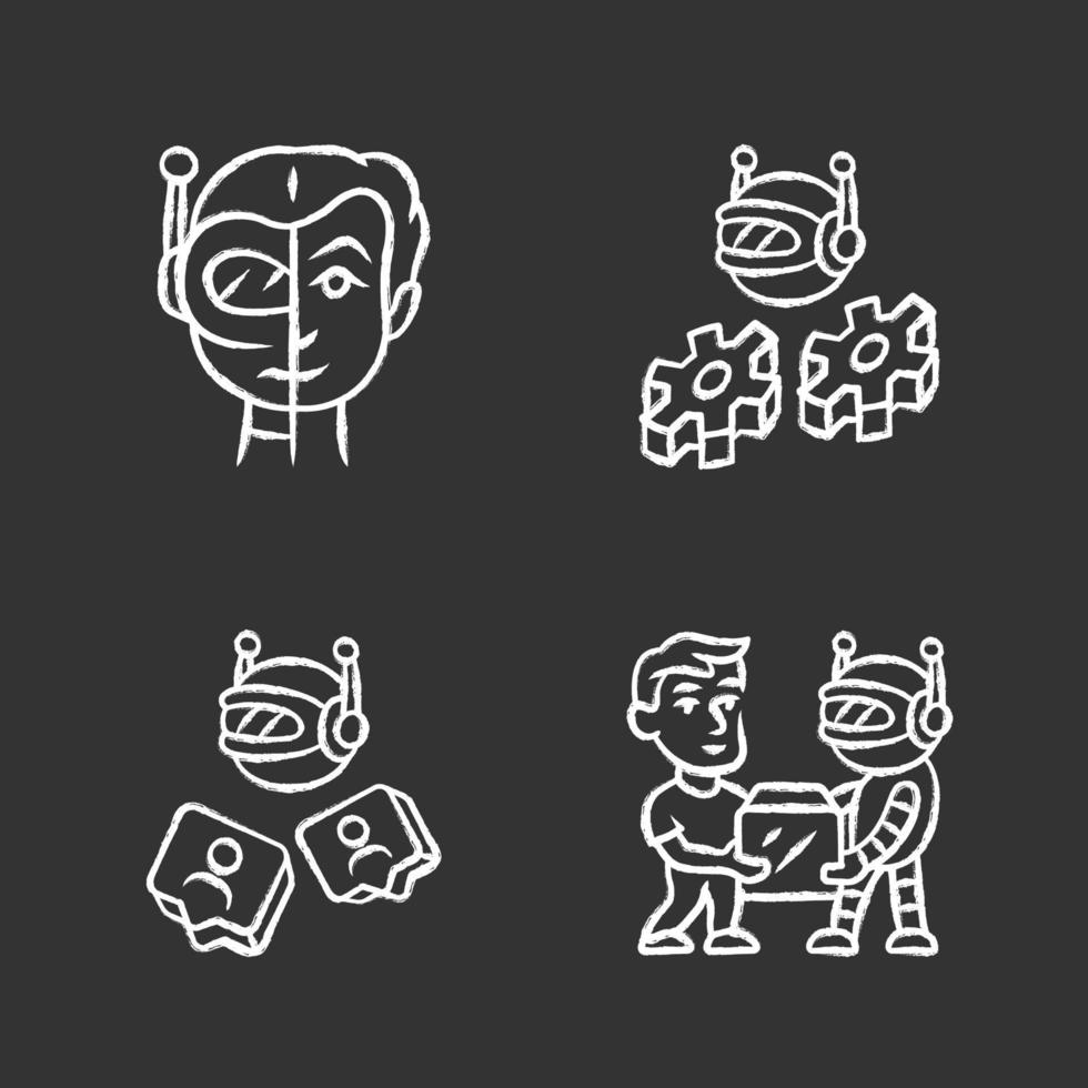 Software bot chalk icons set. Socialbot, transactional, impersonator robots. Software program. Network communication. Artificial intelligence. Cyborgs, AI. Isolated vector chalkboard illustrations