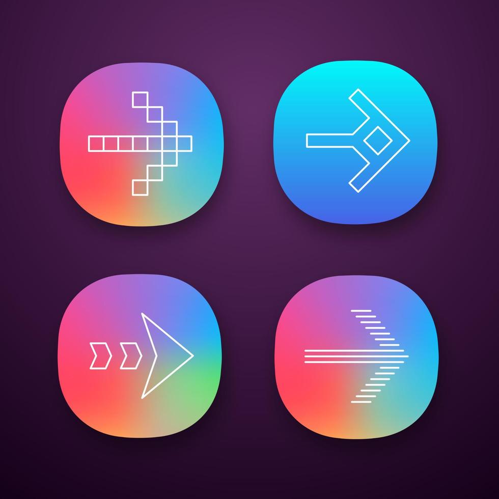 Conjunto de iconos de aplicaciones de tipos de flecha. píxel, con forma, punteado, rayado a continuación, flecha hacia adelante. punta de flecha que muestra la dirección correcta. Siguiente. interfaz de usuario ui ux. aplicaciones web o móviles. ilustraciones vectoriales aisladas vector