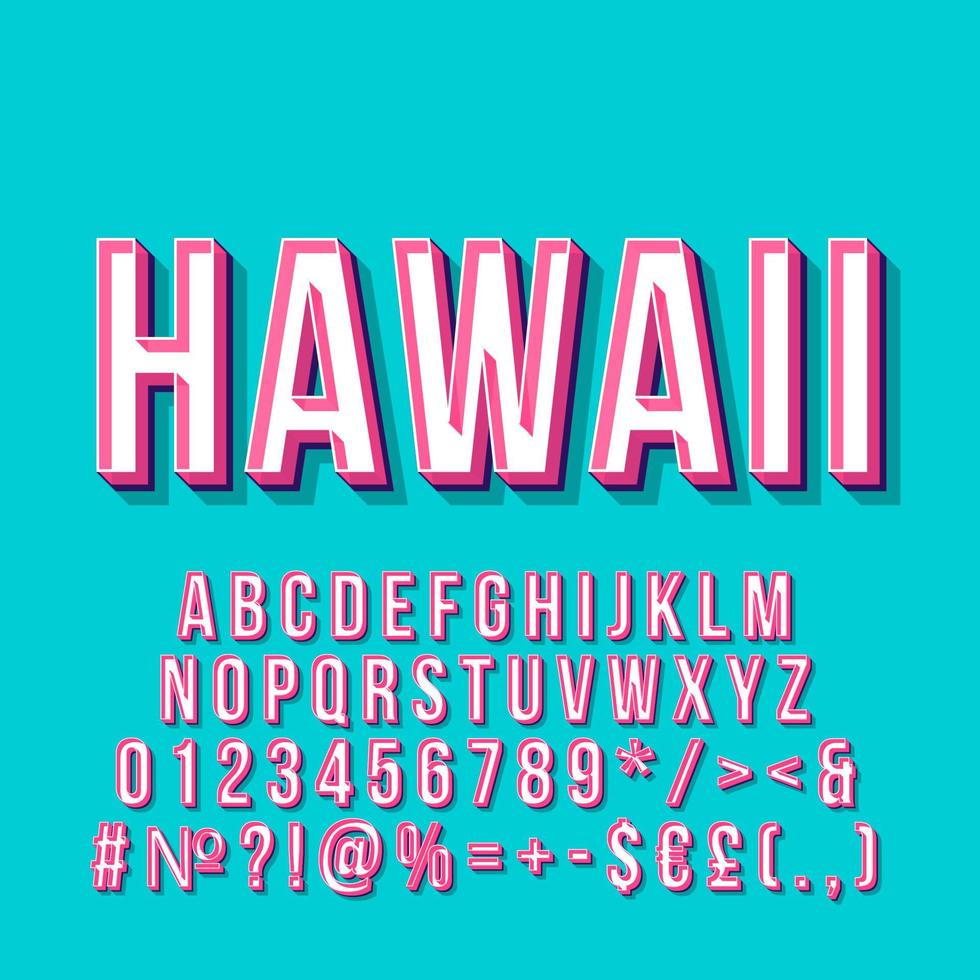 Letras vectoriales 3d vintage de Hawaii. fuente en negrita retro, tipografía. texto estilizado del arte pop. letras, números, símbolos, paquete de elementos de estilo de la vieja escuela. Cartel de los 90, 80, pancarta. fondo de color azul bebé vector