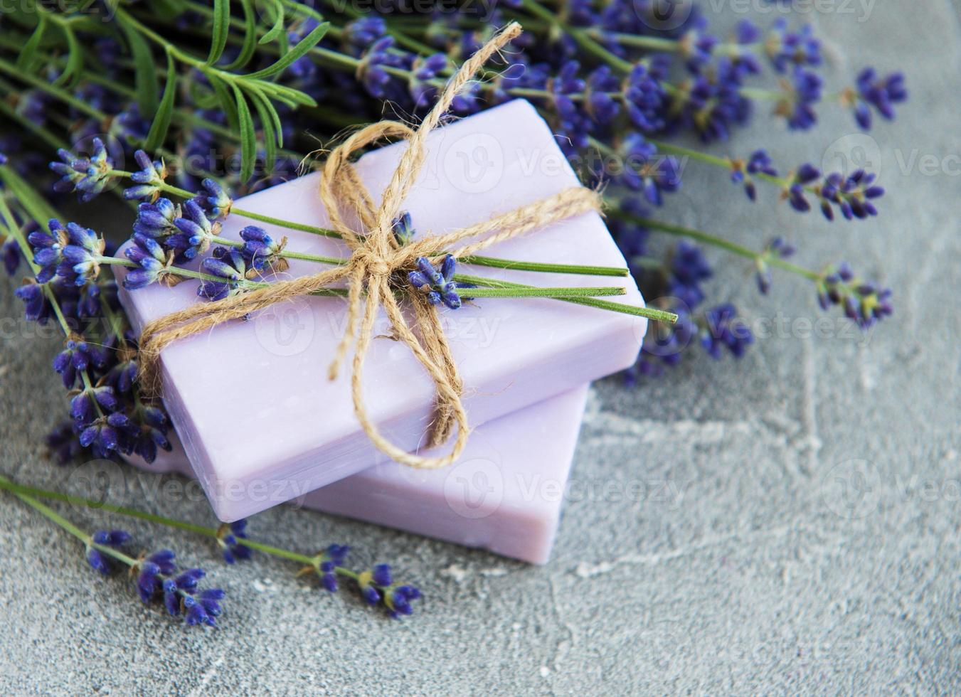 Handmade soap and lavender flowers photo