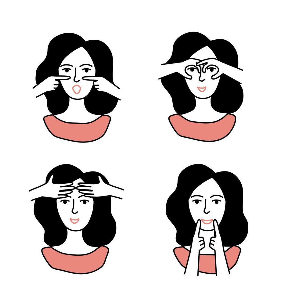 Facial exercises and massage instructions vector illustration. Face fitness techniques scheme. Beauty daily routine. Set of girls doing face yoga.