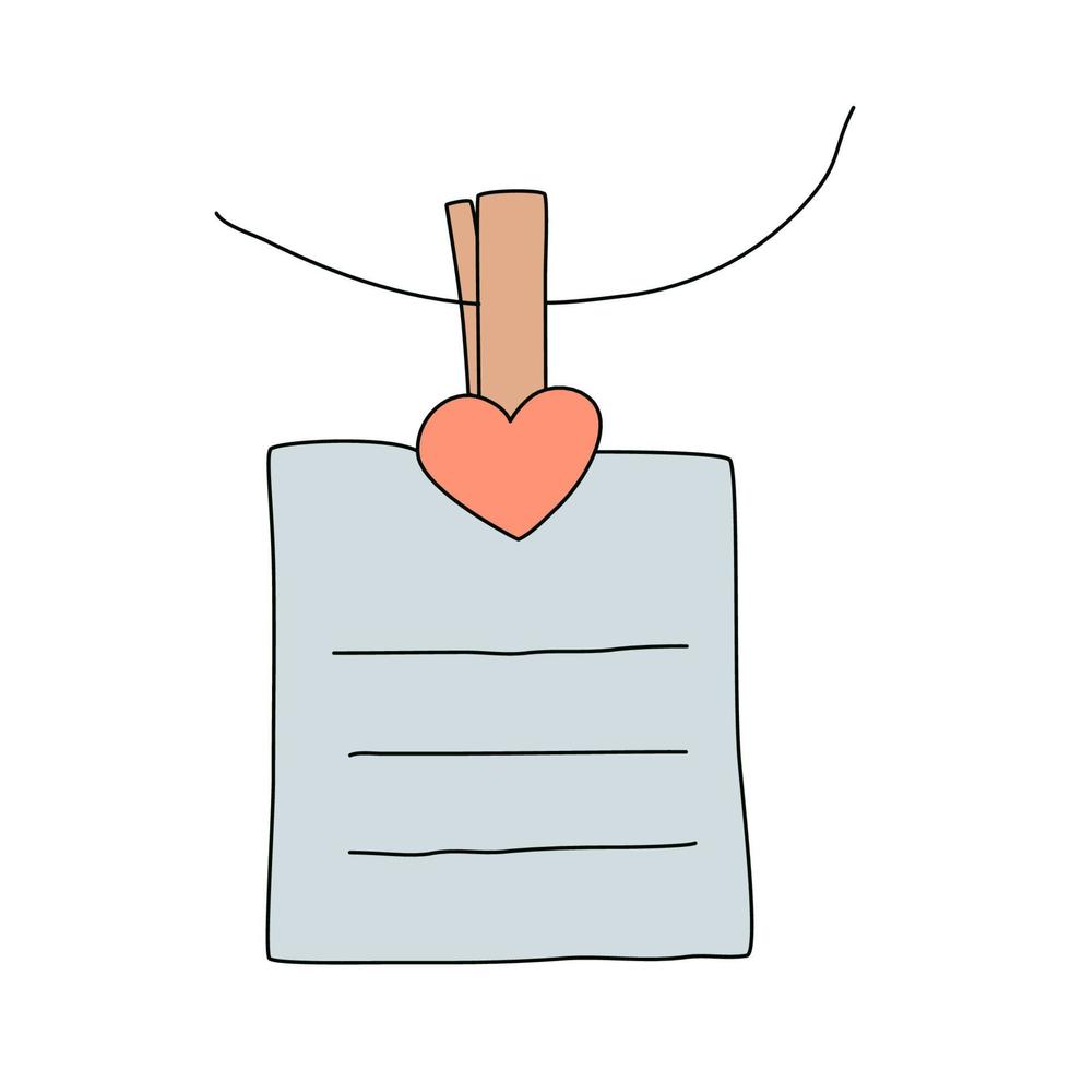 Memo note with heart shaped clip vector illustration. Sheet of paper tack with paperclip. Reminder hand drawn sketch.