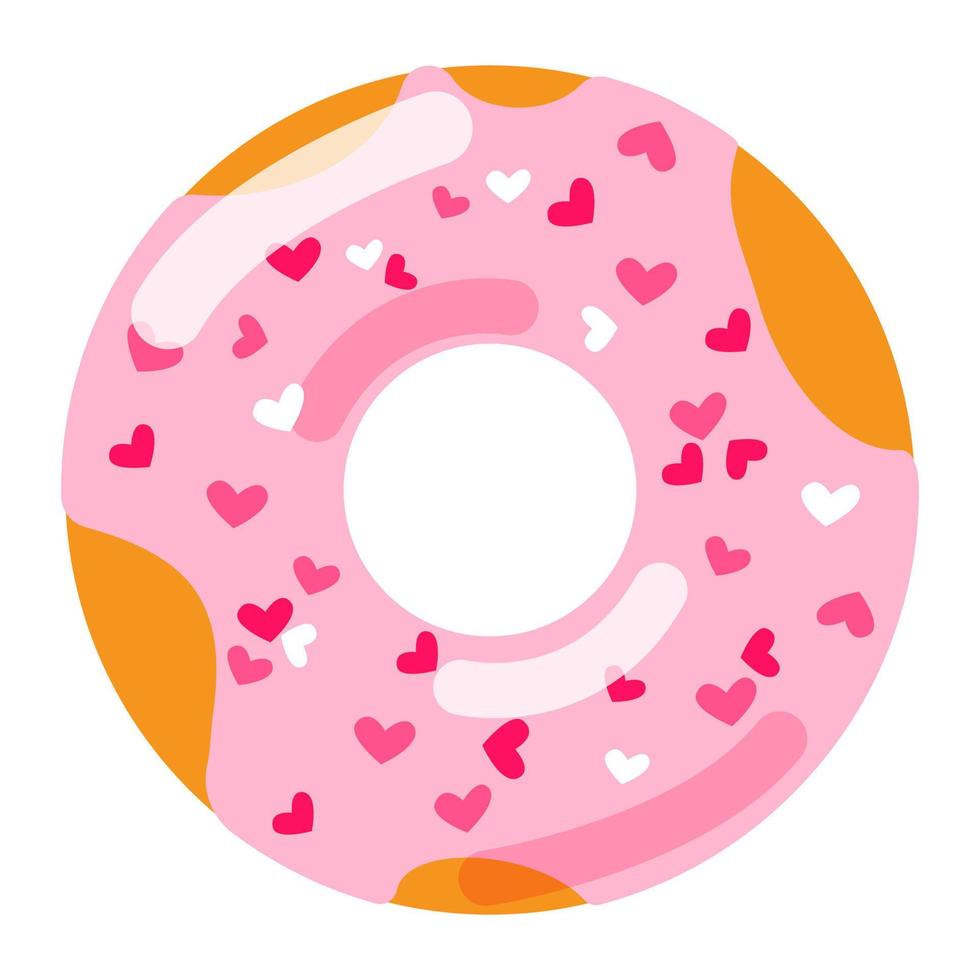 Pink glazed Donut with hearts icing vector illustration. Sweet pastry flat image.  Junk food dessert.