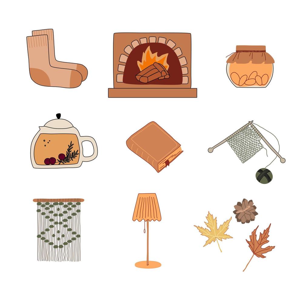 Autumn elements set doodle vector illustration. Fall season symbols collection. Hygge concept.