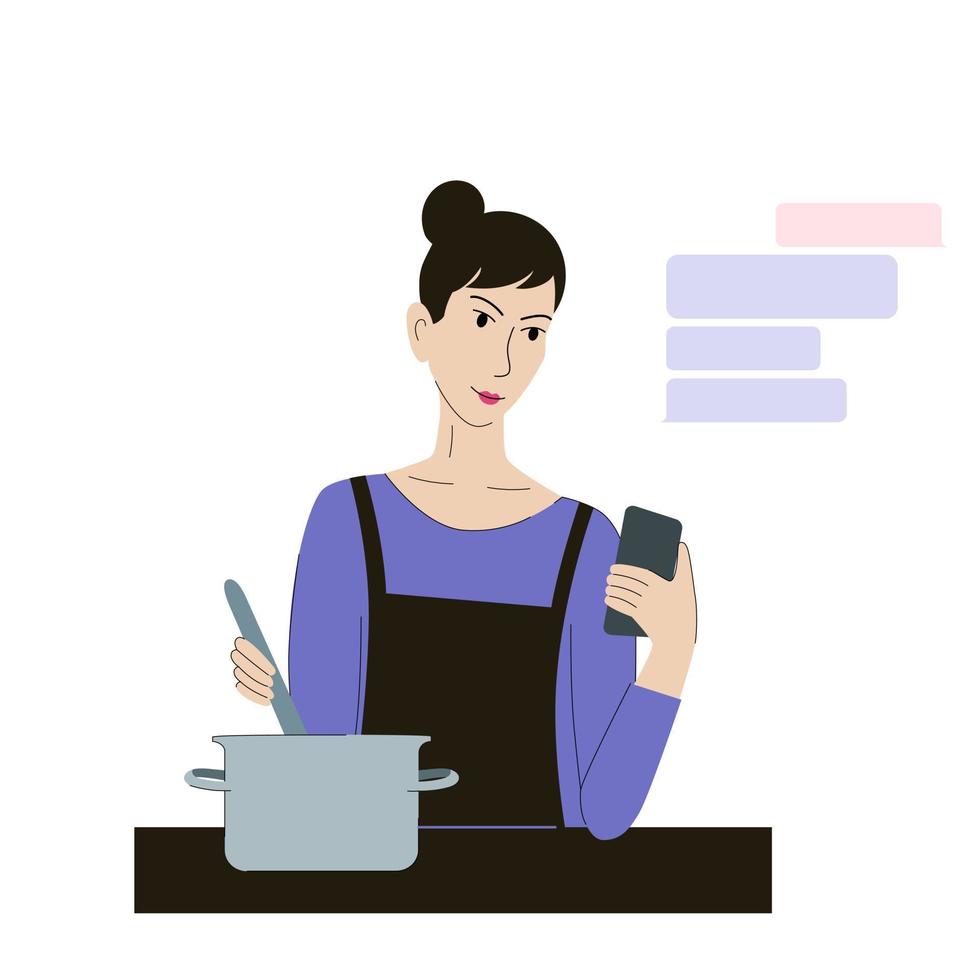Girl cookes food and looks at smartphone. Woman preparing meal and reading recipe on the phone. Watching cooking class online vector