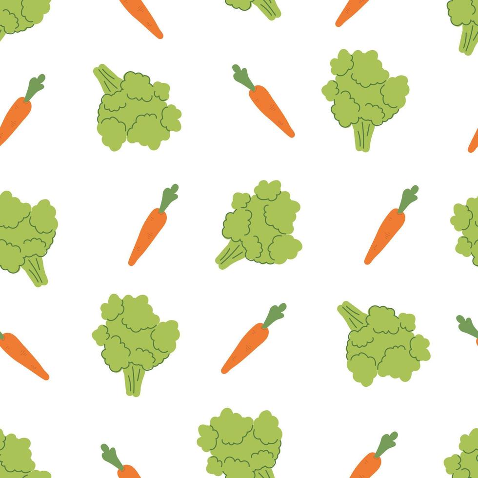 Broccoli and carrot seamless pattern vector illustration. Colorful vegetables hand drawn ornament. Healthy nutrition.